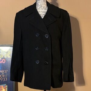 Authentic Quarterdeck peacoat. 
Elegant Black Double-Breasted coat.